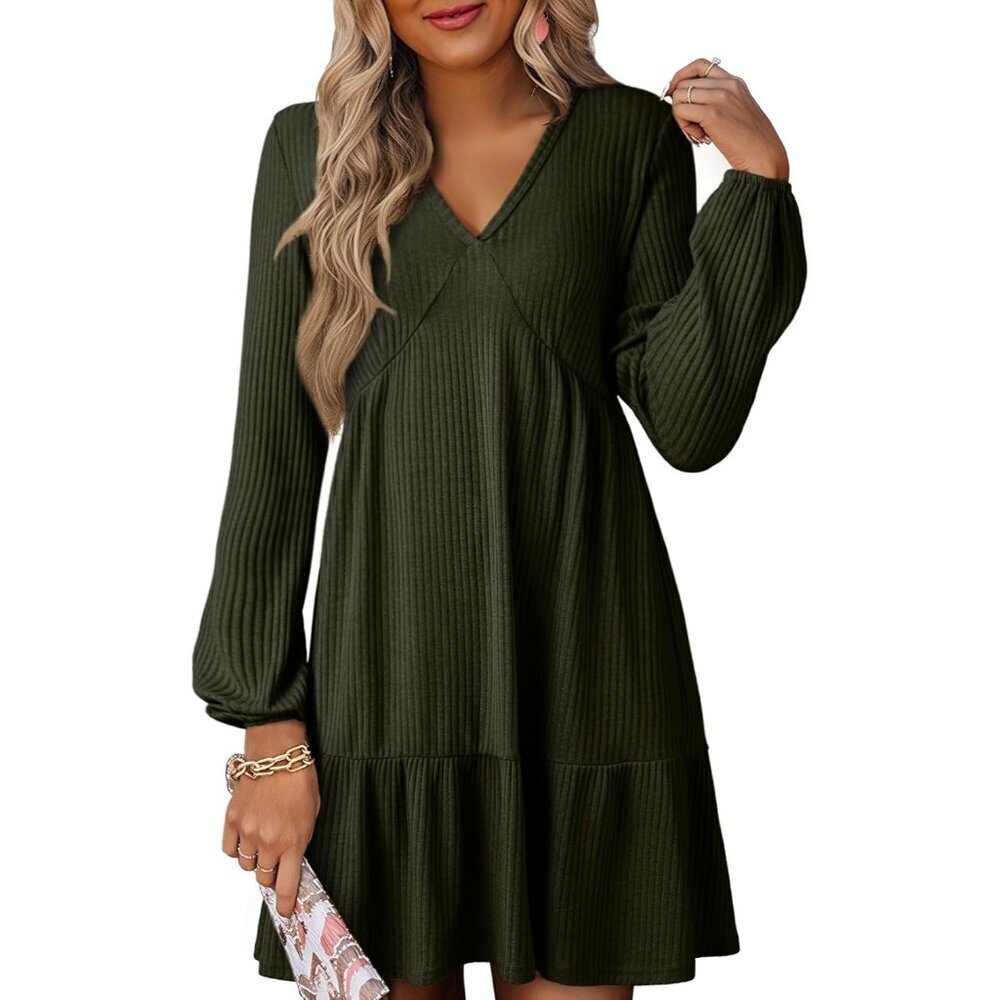 Spring Dresses for Women 2026 Long Sleeve V Neck Lightweight Ribbed Knit Empire
